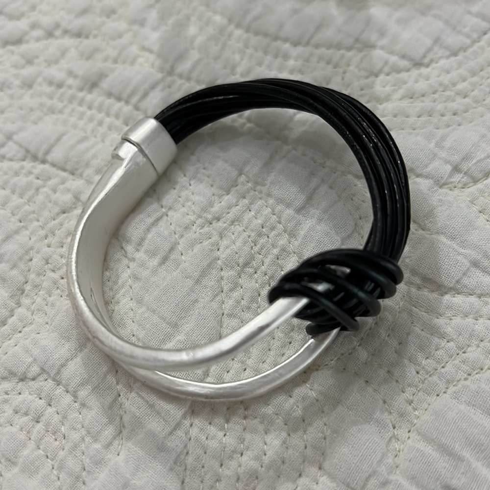 Handmade Metal & black cord bracelet magnetic closure approx 7.5 - 8” long